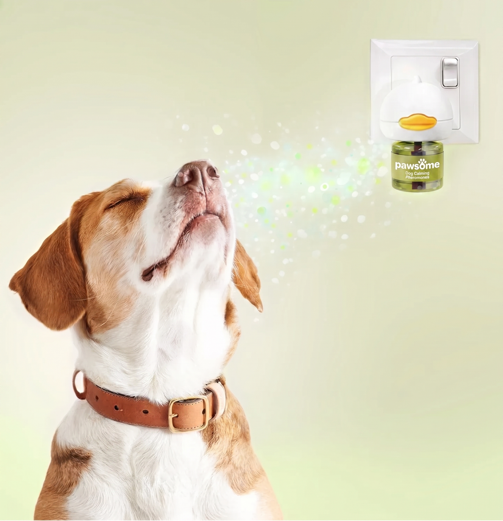 Dog relaxing beside a Pawsome calming diffuser