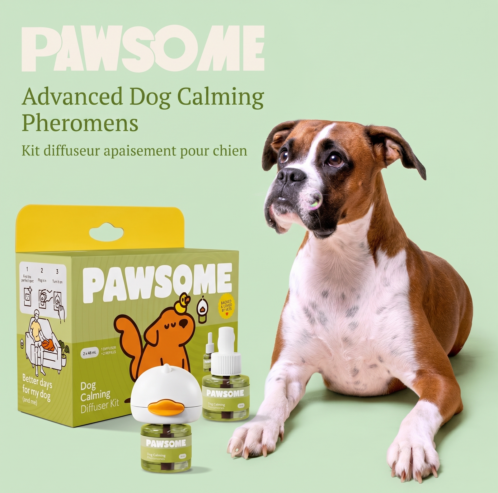 Dog relaxing beside a Pawsome calming diffuser